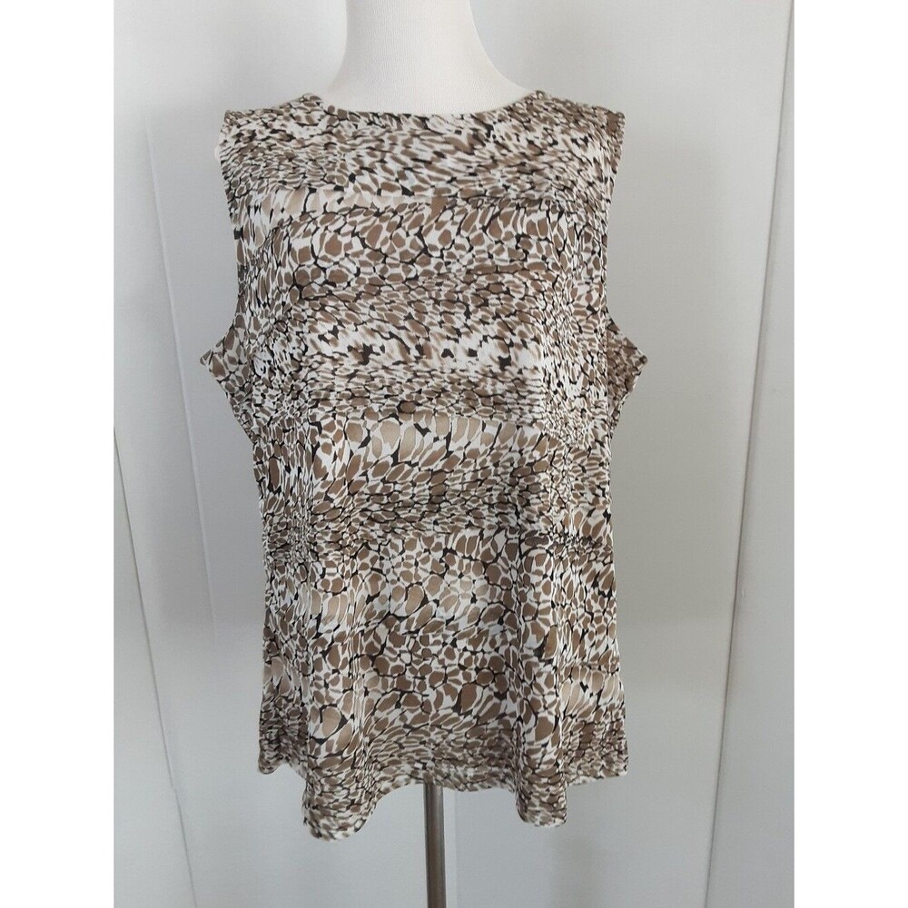 DANA BUCHMAN Sleeveless Tiered Taupe Abstract Print Shell Blouse Sz XL